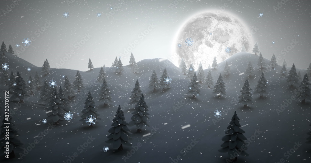 Naklejka premium Image of snowflakes falling over trees on winter landscape against moon in the night sky