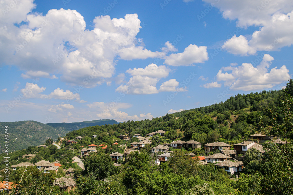 Fototapeta premium Mountain village of Leshten houses and cobbled lanes in Rhodopes of Bulgaria