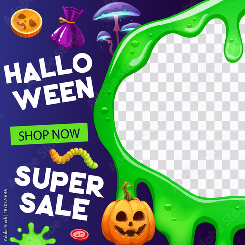 Halloween sale and offer banner with green slime frame and scary pumpkin, vector background. Halloween holiday discount promo banner with trick or treat candy for shop or store promotion sale
