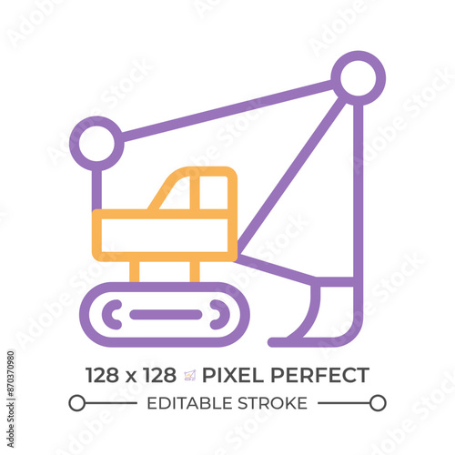 Dragline excavator two color line icon. Large heavy equipment machine. Strip mining industry. Motor vehicle bicolor outline symbol. Duotone linear pictogram. Isolated illustration. Editable stroke