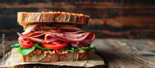 A delicious sandwich featuring ham and vegetables, showcased on paper and set against a wooden backdrop, with ample copy space image. photo