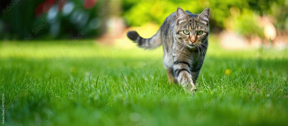 Obraz premium A cat strolling on the green grass with room for a caption in the image. image with copy space