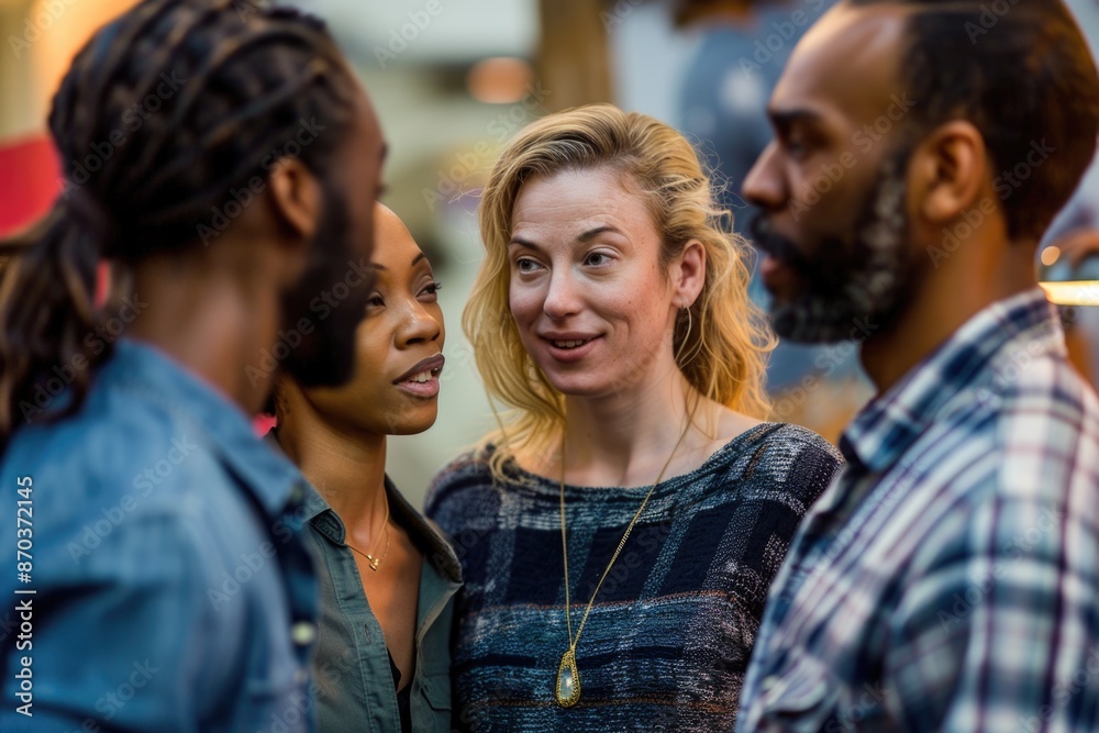 A group of people are standing together and one woman is smiling. The group is diverse, with some people wearing plaid shirts and others wearing blue shirts. Scene is friendly and welcoming A group of people are standing together and one woman is smiling. The group is diverse, with some people wearing plaid shirts and others wearing blue shirts. Scene is friendly and welcoming