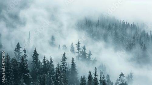 A stunning view of a forest bathed in fog, rising into high mountains. The mystery and charm of this place, where the fog subtly covers the trees.