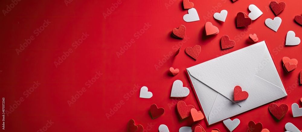 A Valentine's Day card without a message, featuring hearts, rests on a vibrant red surface with ample space for additional images or text. A Valentine's Day card without a message, featuring hearts, rests on a vibrant red surface with ample space for additional images or text.