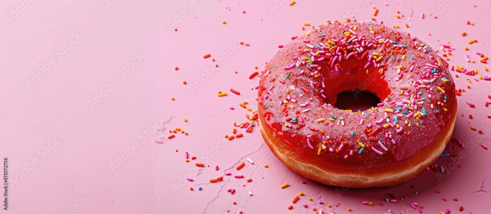 A red donut with vibrant sprinkles on a pink backdrop, perfect for National Donut Day, with room for text, in a detailed close-up shot. image with copy space