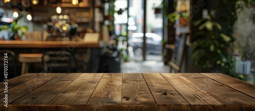 A brown wooden table with an uncluttered surface is the focal point, set against a blurred background of a coffee shop or restaurant, ideal for photomontage or product display with copy space image.