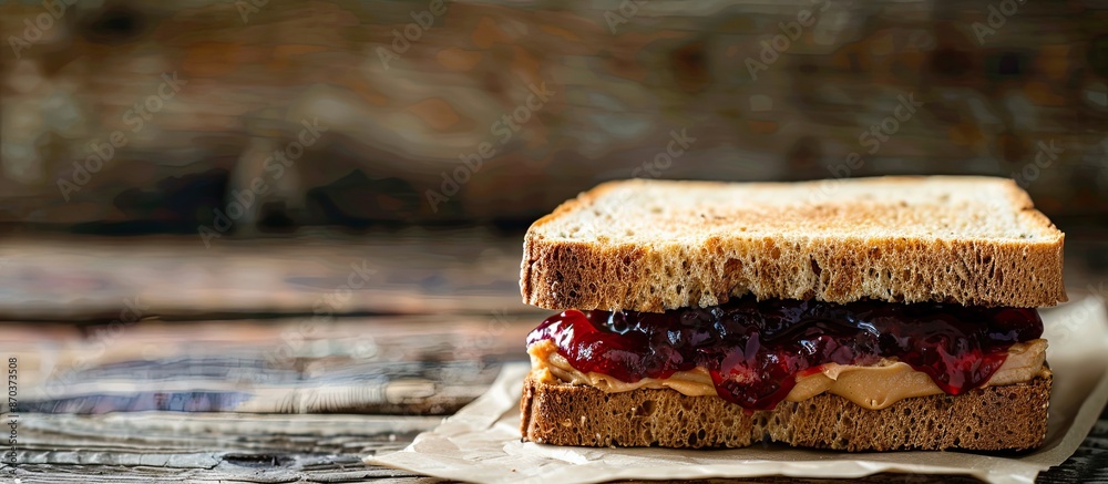 A peanut butter and jelly sandwich presented on a wooden backdrop with ample copy space image. A peanut butter and jelly sandwich presented on a wooden backdrop with ample copy space image.
