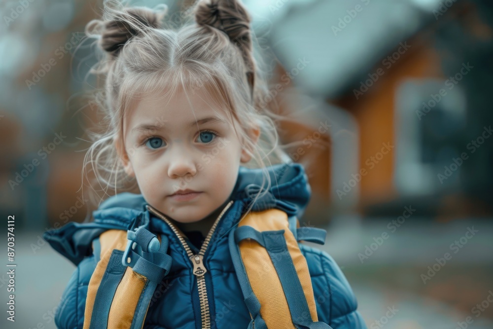 A young girl wearing a blue jacket and yellow backpack. She has her hair in pigtails and is looking at the camera A young girl wearing a blue jacket and yellow backpack. She has her hair in pigtails and is looking at the camera