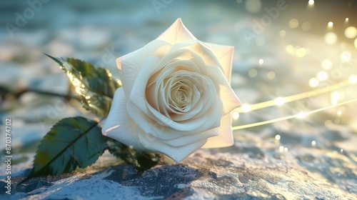 A single white rose on a stone surface photo