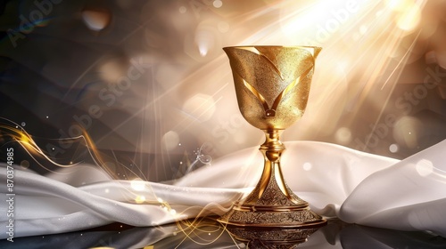 A golden chalice on a white cloth photo