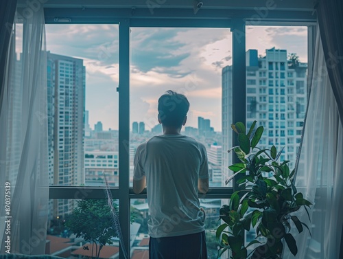 A man is standing in front of a window looking out at the city. The sky is cloudy and the city is in the background © vefimov
