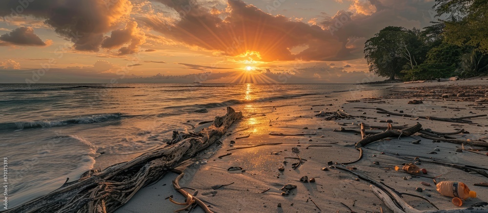 A picturesque sunrise at Batu Burok Beach in Kuala Terengganu with a cloudy sky and the sun casting an orange glow, featuring debris like sticks and plastic bottles on the shore, ideal for a copy A picturesque sunrise at Batu Burok Beach in Kuala Terengganu with a cloudy sky and the sun casting an orange glow, featuring debris like sticks and plastic bottles on the shore, ideal for a copy