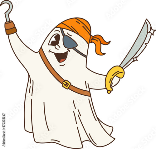 Cartoon retro groovy Halloween pirate ghost character with eye patch, hook, sword and bandana. Vector funny corsair ghost, pirate sailor spirit or filibuster phantom groovy hippie personage