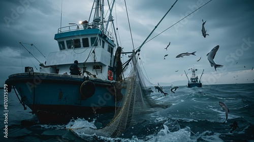 a fishing boat with a large net overfishing depleting marine life fish struggling in the net photo