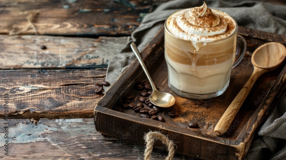 A Trendy Homemade Dalgona Coffee With Fluffy Cream Served On A Rustic Wood Tray A Trendy Homemade Dalgona Coffee With Fluffy Cream Served On A Rustic Wood Tray