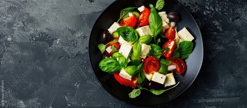A Greek salad with cheese and vegetables is presented on a black plate against a dark background, creating a stylish copy space image. A Greek salad with cheese and vegetables is presented on a black plate against a dark background, creating a stylish copy space image.