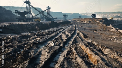 a coal mine with stripped earth barren land where coal was extracted machinery in the background