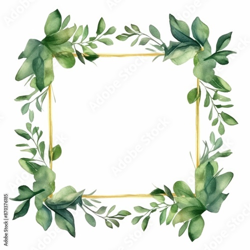 Watercolor foliage frame with green leaves and yellow buds on white background. Golden square picture frame decorated with green leaves. Natural botany concept for greeting card design. AIG35. © Summit Art Creations