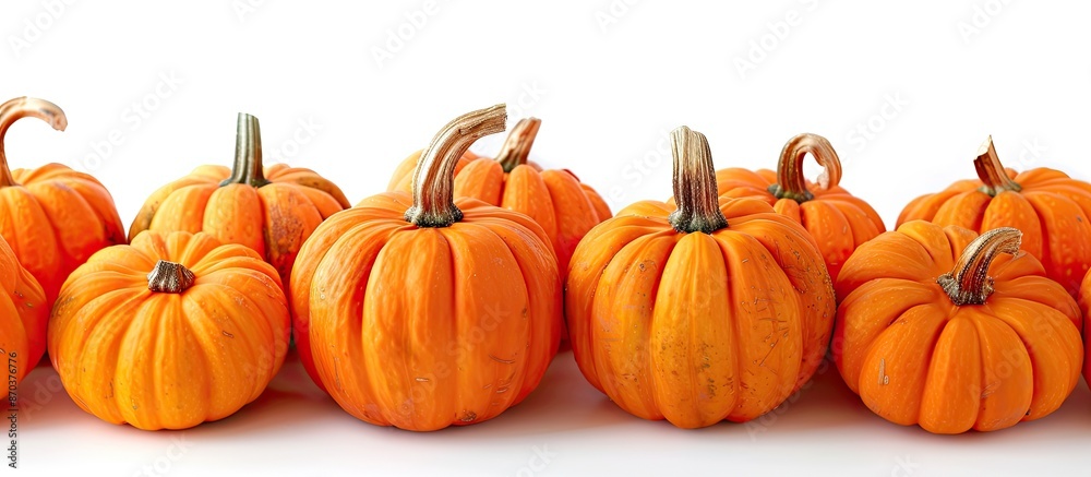 A pile of numerous orange pumpkins on a white backdrop, suitable for a Halloween greeting card design with copy space image. A pile of numerous orange pumpkins on a white backdrop, suitable for a Halloween greeting card design with copy space image.