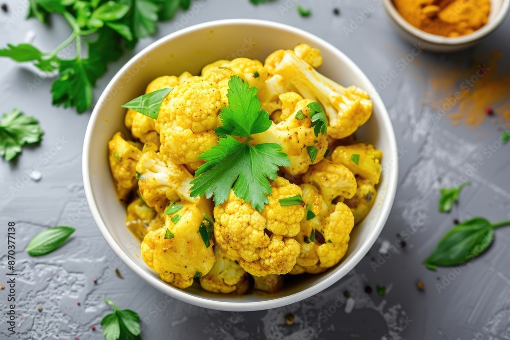 Curry spiced cauliflower stew in white bowl on grey background. Curry spiced cauliflower stew in white bowl on grey background.