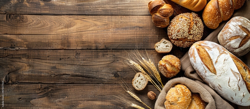 A selection of tasty bread varieties is displayed on a rustic brown wooden backdrop featuring ample copy space image. A selection of tasty bread varieties is displayed on a rustic brown wooden backdrop featuring ample copy space image.