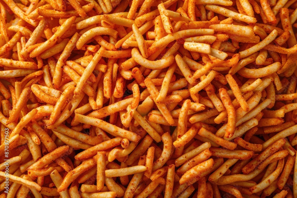Close up of Teekha Meetha crunchy spicy Indian namkeen snacks Full Frame Background. Top View Close up of Teekha Meetha crunchy spicy Indian namkeen snacks Full Frame Background. Top View