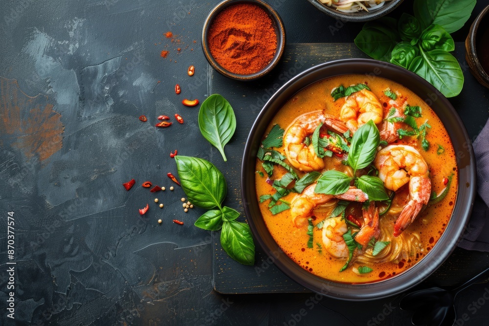 Coconut shrimp laksa soup on a dark background top view. Copy space Coconut shrimp laksa soup on a dark background top view. Copy space