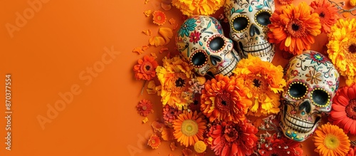 A festive Dia De Los Muertos lightbox set against an orange background with sugar skulls, marigold flowers, and calaveritas on a traditional Mexican festival flyer. Flat lay with a top-view photo