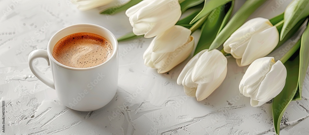 A white tulips bouquet is positioned next to a coffee cup in a horizontal studio setting with copy space image. A white tulips bouquet is positioned next to a coffee cup in a horizontal studio setting with copy space image.