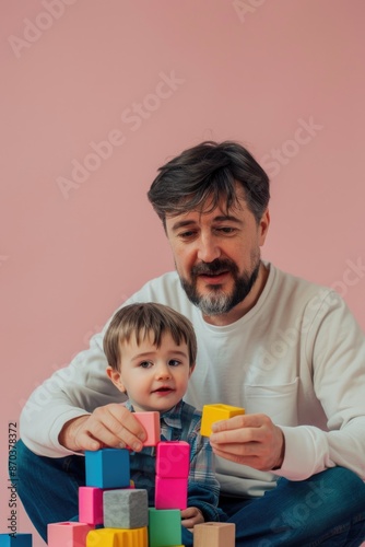 A man and a boy are playing with blocks. The man is holding a block and the boy is holding another block