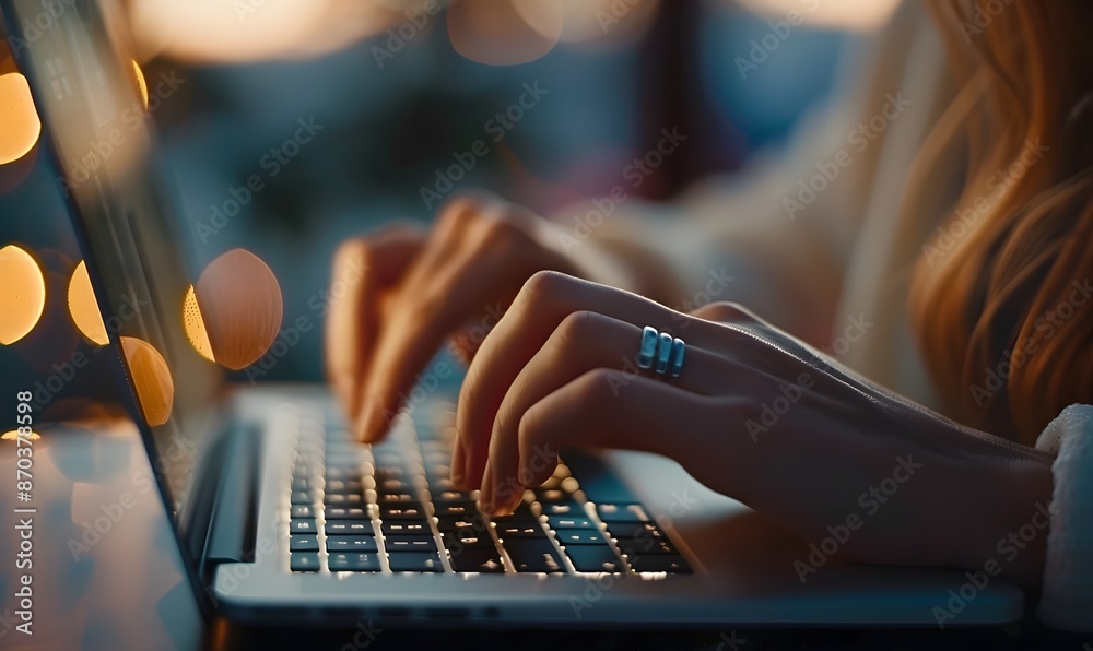 Fototapeta premium woman typing swiftly on her laptop keyboard, Generative AI