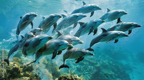 A school of dolphins swims effortlessly through the ocean, their playful behavior and tight-knit social bonds a testament to the wonders of marine life.