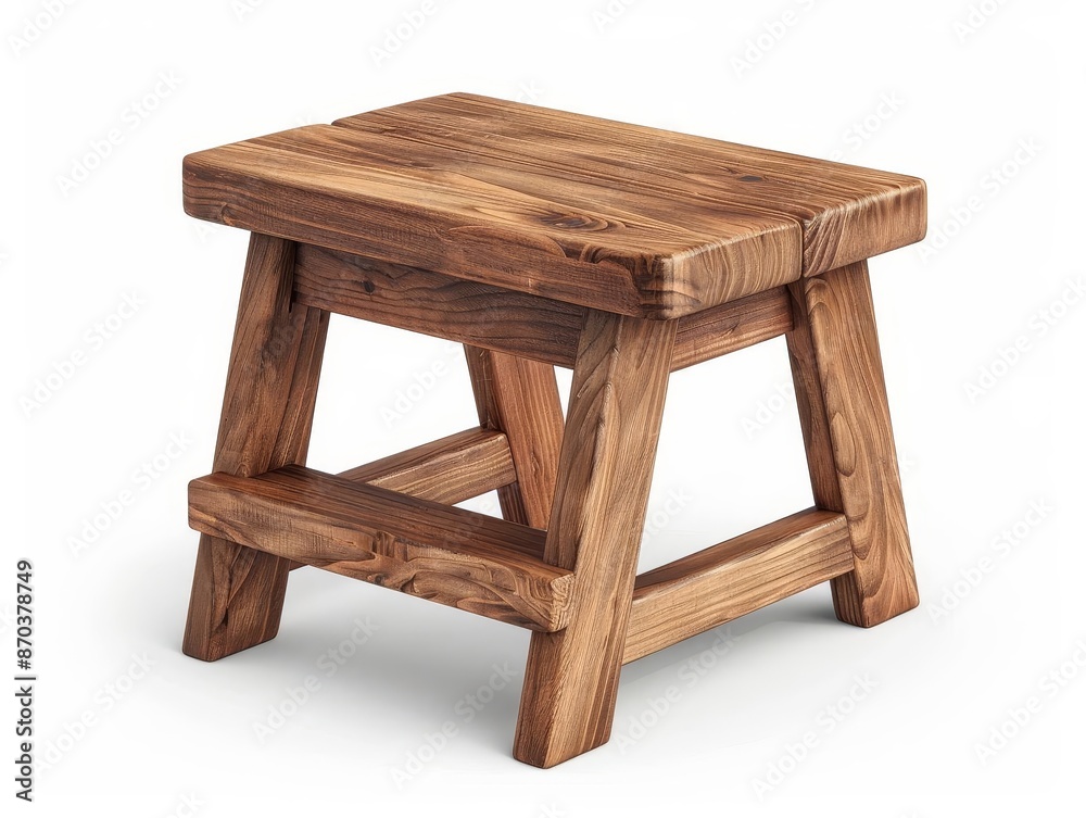 The photo shows a wooden stool with a natural wood grain. The stool has a simple design and is made of high-quality materials, white background