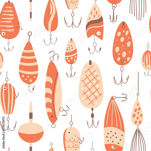Cute fishing lures seamless pattern. Pink fishing hook repeat background. Vector Fathers day wallpaper, print for Dads day, fisherman equipment. Summer activity, leisure time. Funny cartoon design.