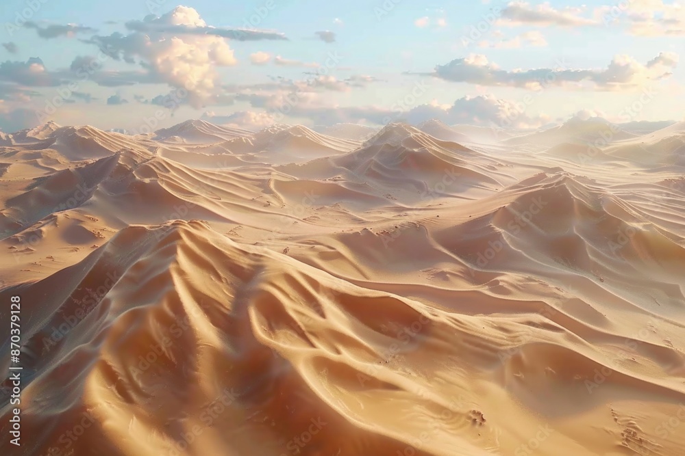 Naklejka premium A desert landscape with a few clouds in the sky. The sky is a mix of blue and orange