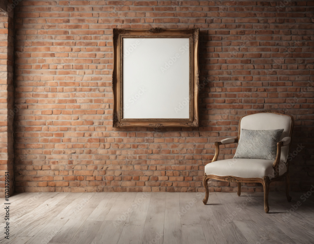 Ornate gold frame and upholstered chair against red brick wall Ornate gold frame and upholstered chair against red brick wall