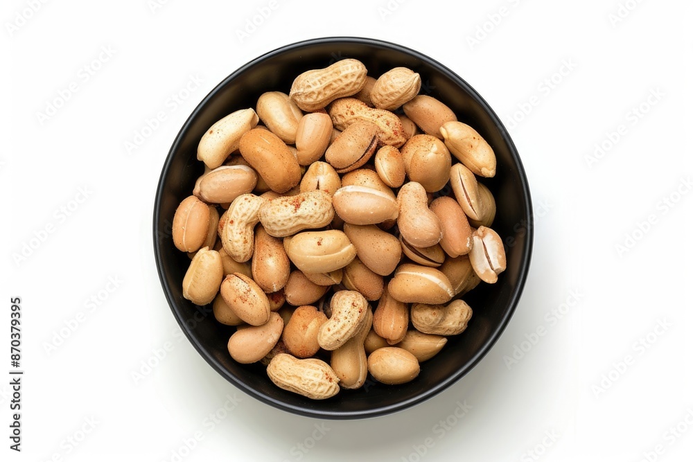 Paprika peanuts in black bowl whole and broken top view. Paprika peanuts in black bowl whole and broken top view.