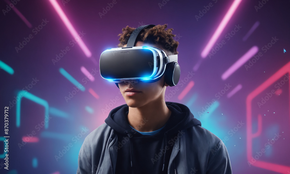 Young man experiencing virtual reality in a futuristic setting with neon lights Young man experiencing virtual reality in a futuristic setting with neon lights