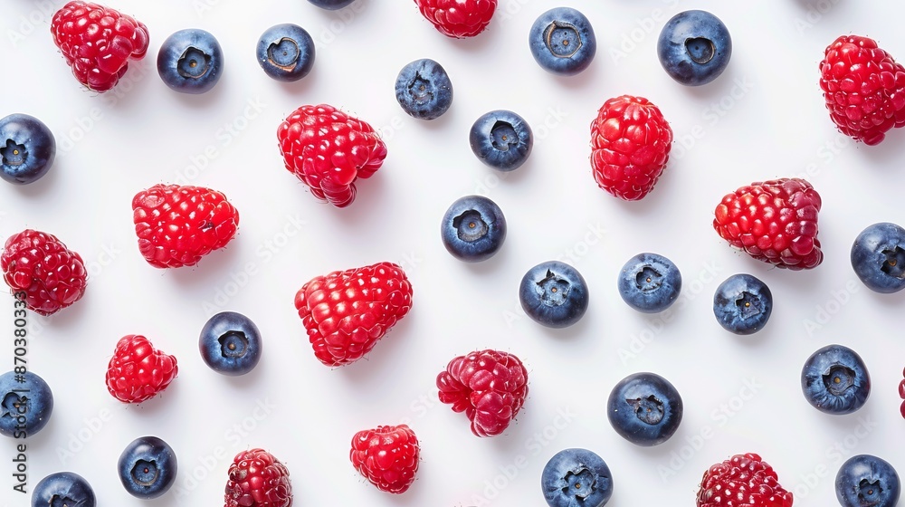 Top view of scattered raspberries and blueberries on a white background. This image is perfect for healthy lifestyle promotion. It captures the essence of fresh fruits and vibrant colors. AI Top view of scattered raspberries and blueberries on a white background. This image is perfect for healthy lifestyle promotion. It captures the essence of fresh fruits and vibrant colors. AI
