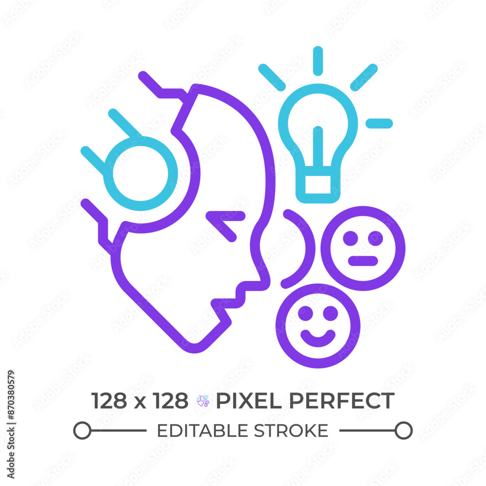 AI understands emotions two color line icon. Facial expressions analysis. Neural network. Affective computing bicolor outline symbol. Duotone linear pictogram. Isolated illustration. Editable stroke
