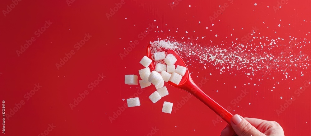 A red spoon is being used by the hand to pick up sugar cubes in the image with copy space. A red spoon is being used by the hand to pick up sugar cubes in the image with copy space.