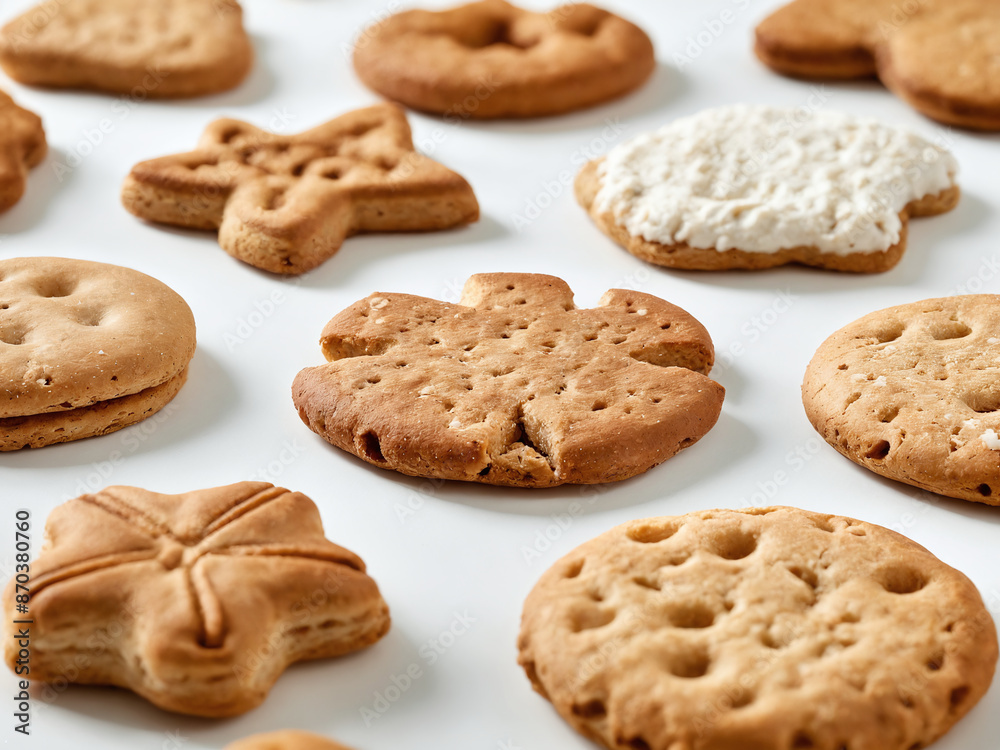 A variety of different shaped dog biscuits on a white background A variety of different shaped dog biscuits on a white background