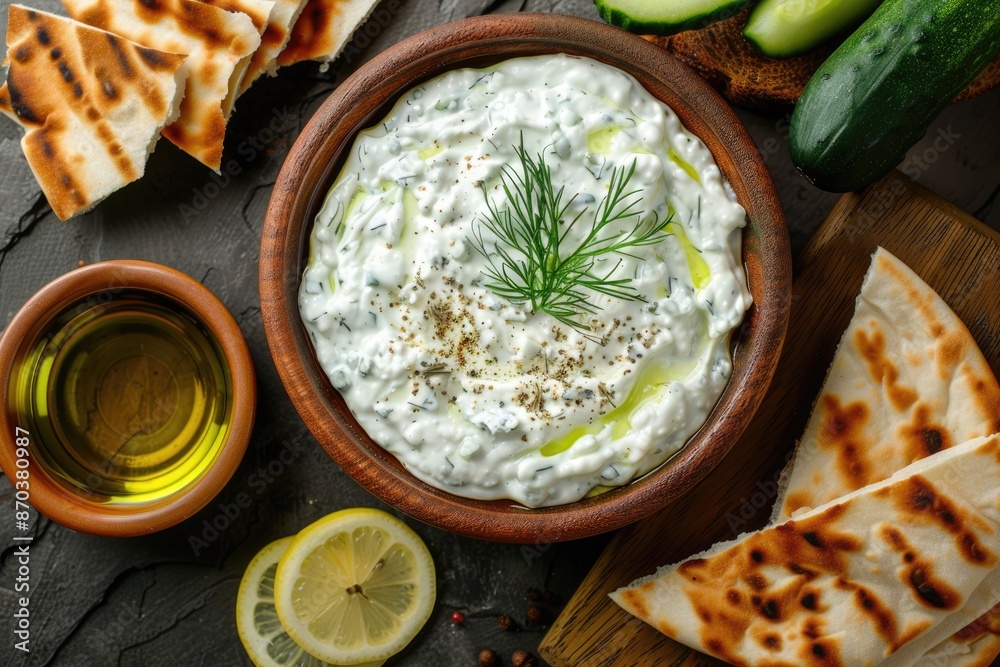Greek Tzatziki dip with cucumber sour cream yogurt lemon dill. Greek Tzatziki dip with cucumber sour cream yogurt lemon dill.