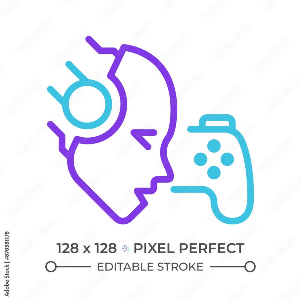 AI play games two color line icon. Deep reinforcement learning. Artificial intelligence bot. Virtual reality bicolor outline symbol. Duotone linear pictogram. Isolated illustration. Editable stroke AI play games two color line icon. Deep reinforcement learning. Artificial intelligence bot. Virtual reality bicolor outline symbol. Duotone linear pictogram. Isolated illustration. Editable stroke