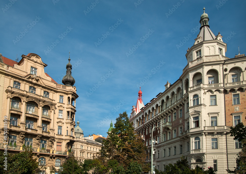 Obraz premium Facades and roofs of ancient streets, New Town, Prague, Czech Republic