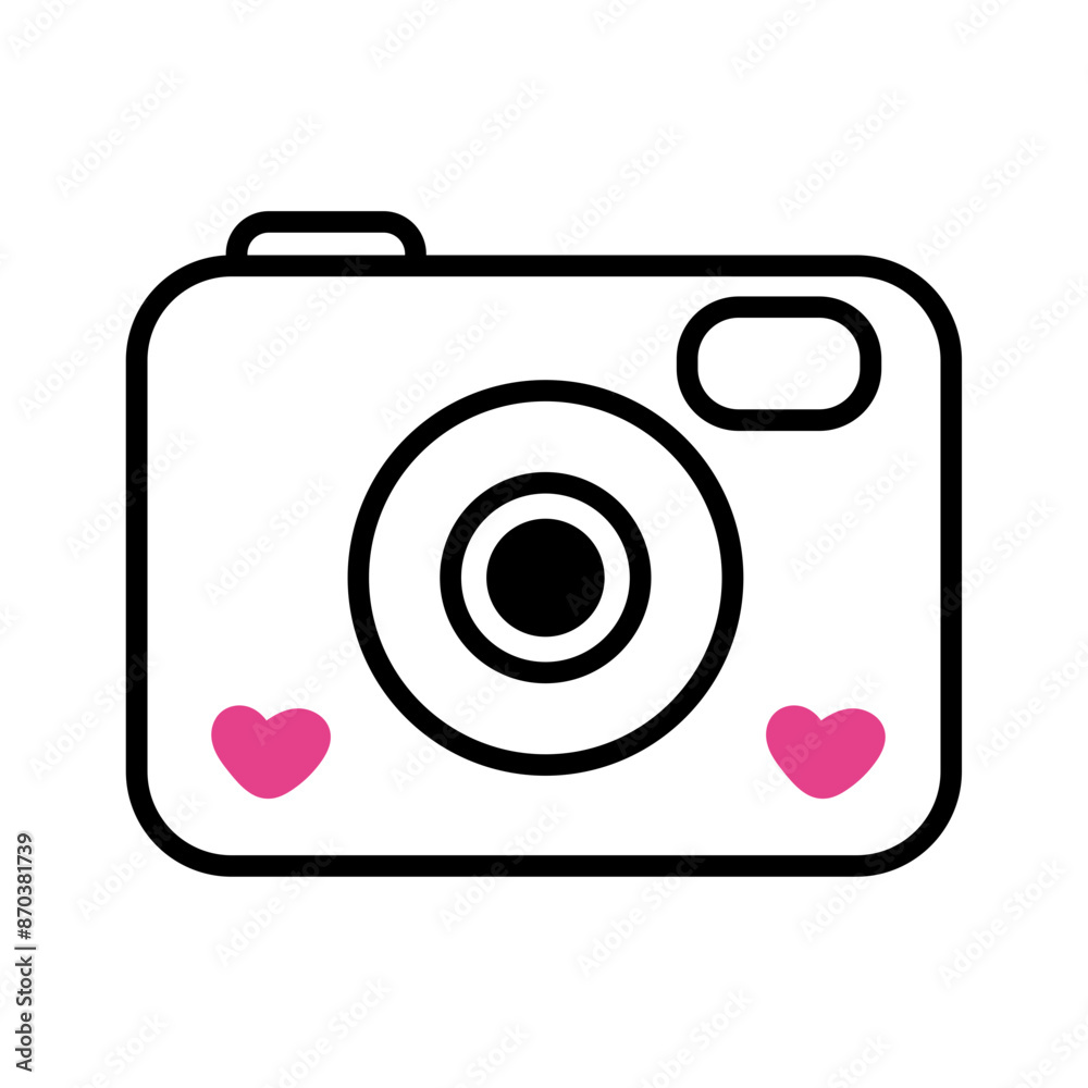A cartoon camera icon with a pink heart on each side A cartoon camera icon with a pink heart on each side