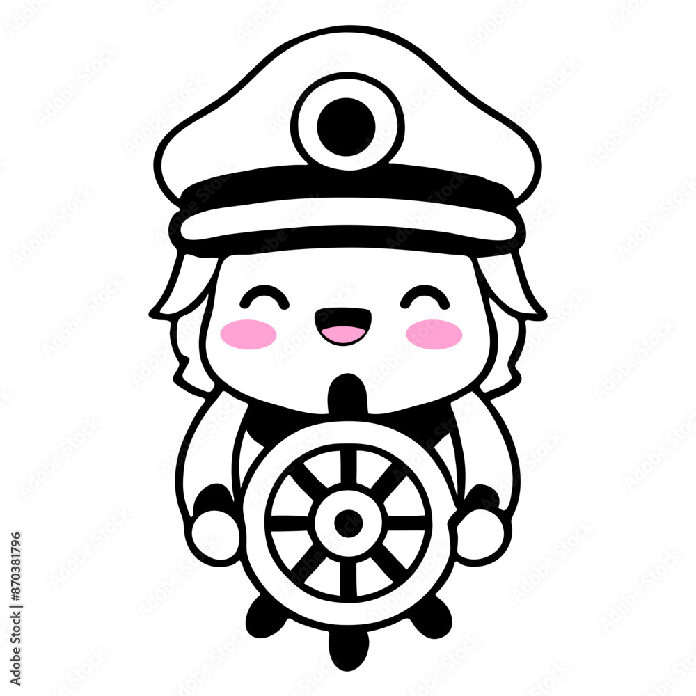 A cute cartoon character wearing a captain's hat and holding a ship's wheel, with a happy and friendly expression A cute cartoon character wearing a captain's hat and holding a ship's wheel, with a happy and friendly expression