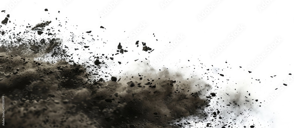 Close-up of exploding black dust particles against a white backdrop with copy space image. Close-up of exploding black dust particles against a white backdrop with copy space image.