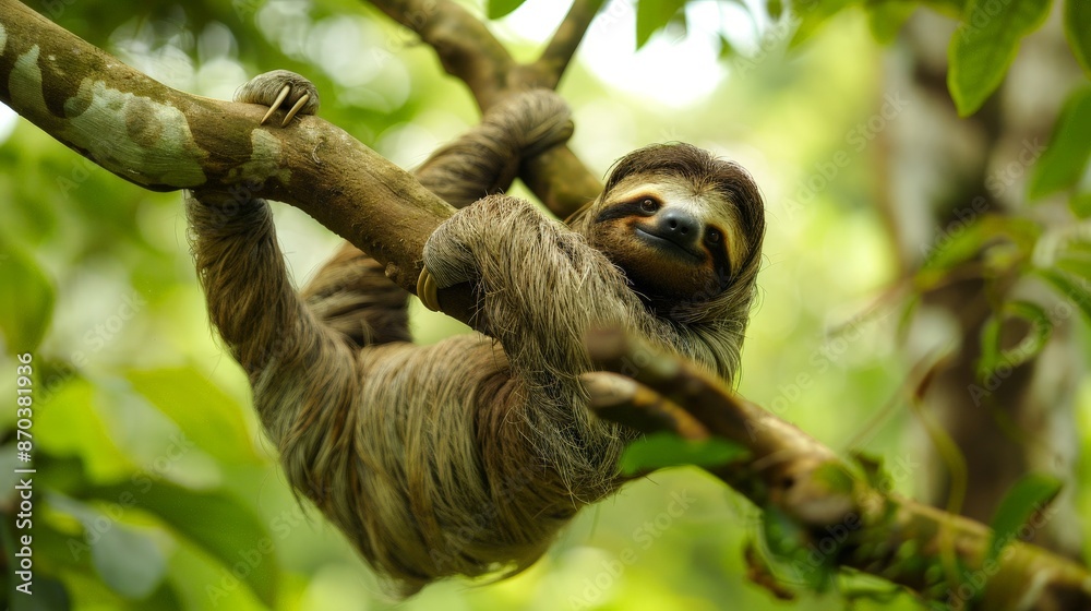 A sloth hangs lazily from a tree branch, its slow movements and serene expression embodying a life of leisure. A sloth hangs lazily from a tree branch, its slow movements and serene expression embodying a life of leisure.